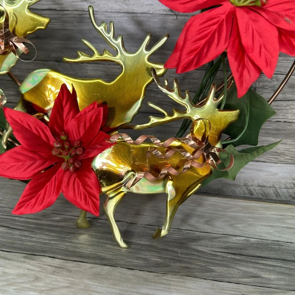 Metal Reindeer Deer Holiday Wreath Brass‎ Copper Tone Vintage